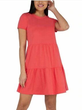 Casual Pink/Blush A-Line Tiered Short Sleeve Mini Dress with Crew Neck